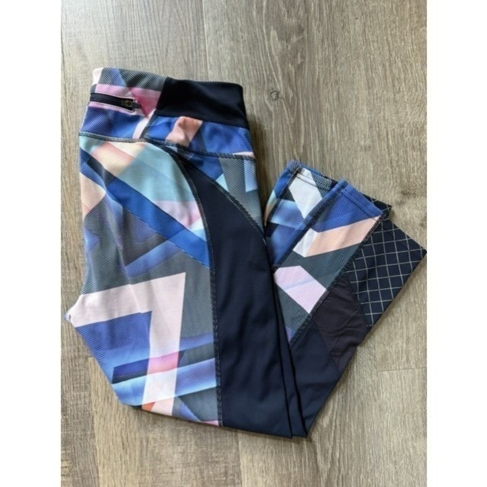 Athleta Be Free Crop Leggings Womens Medium Blue Geometric Mesh Running Pants